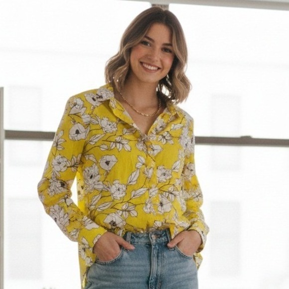 Kut from the Kloth Tops - Kut From The Kloth Yellow Floral Button Up Long‎ Sleeve Shirt - Size XL